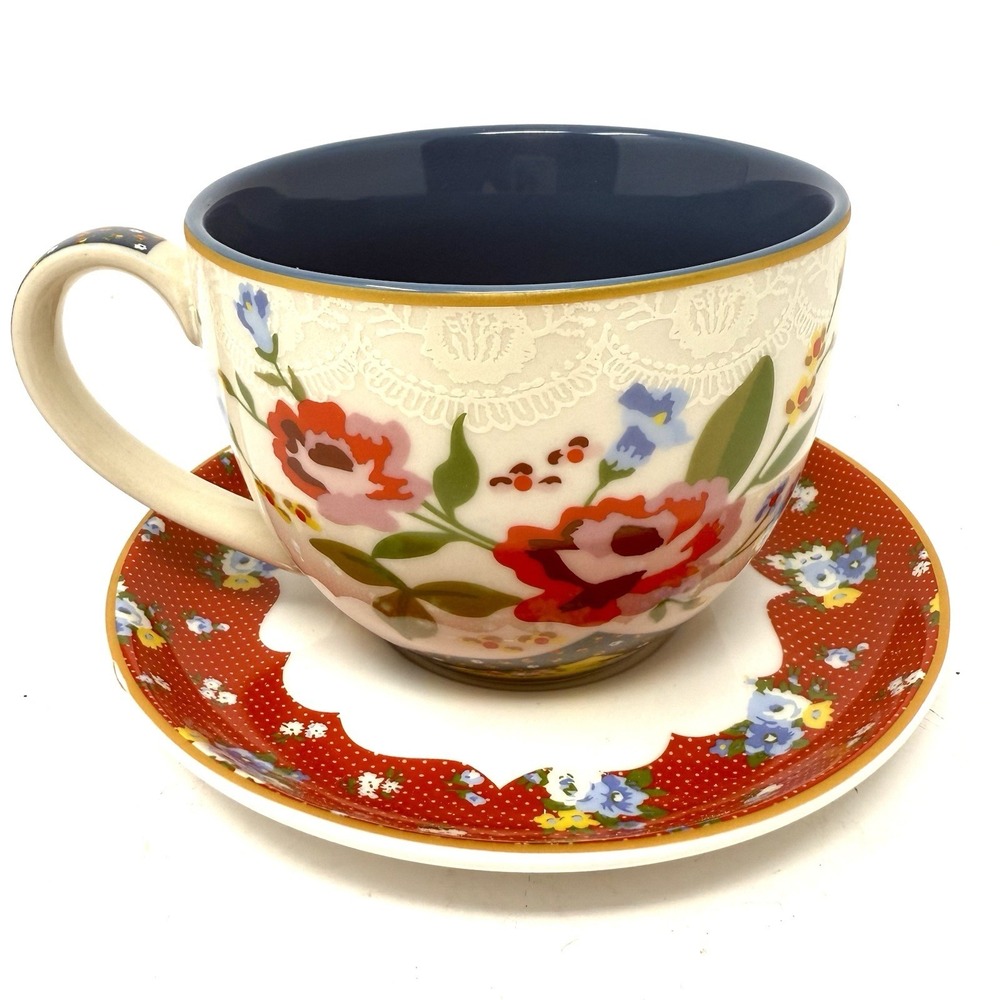 Disaster Designs‎ Floral Teacup Saucer Set Blue Navy Red Yellow Cottage Western